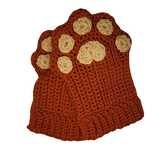 Cat Paw Fingerless Gloves (Burnt Orange/ Beige)
